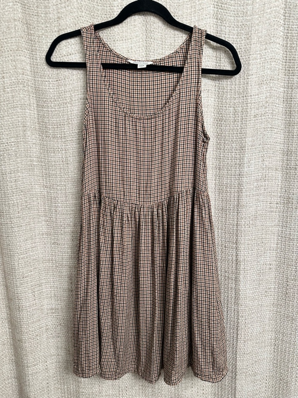 Plaid Babydoll Sleeveless Dress Pockets Brown Tan Neutral Academia Cottagecore - Picture 4 of 8
